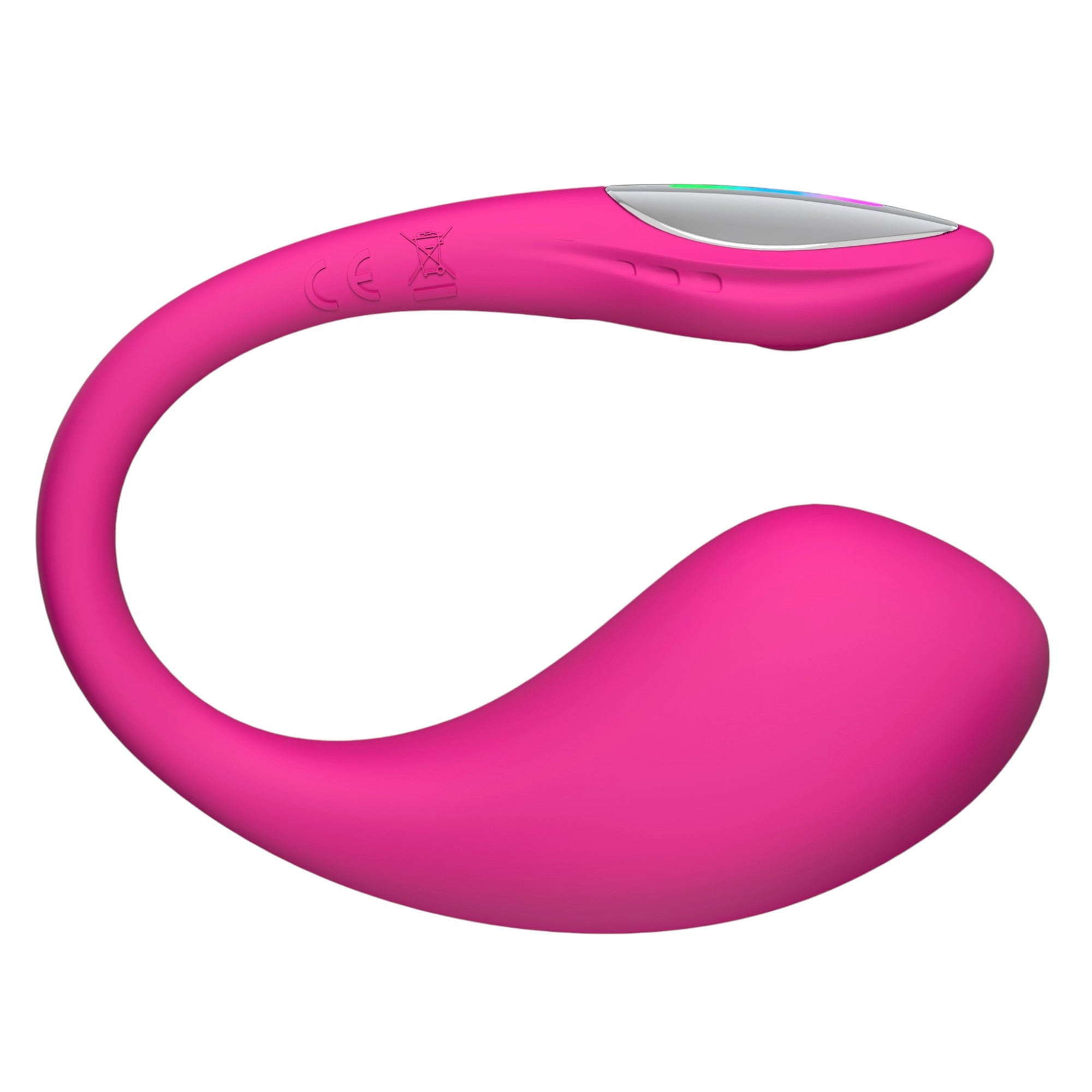 Lovense Lush 4 app-controlled vibrating egg in hot pink shown from side displaying curved wearable design, flexible tail, silver control panel with multicolour LED light strip, and smooth silicone finish against white background