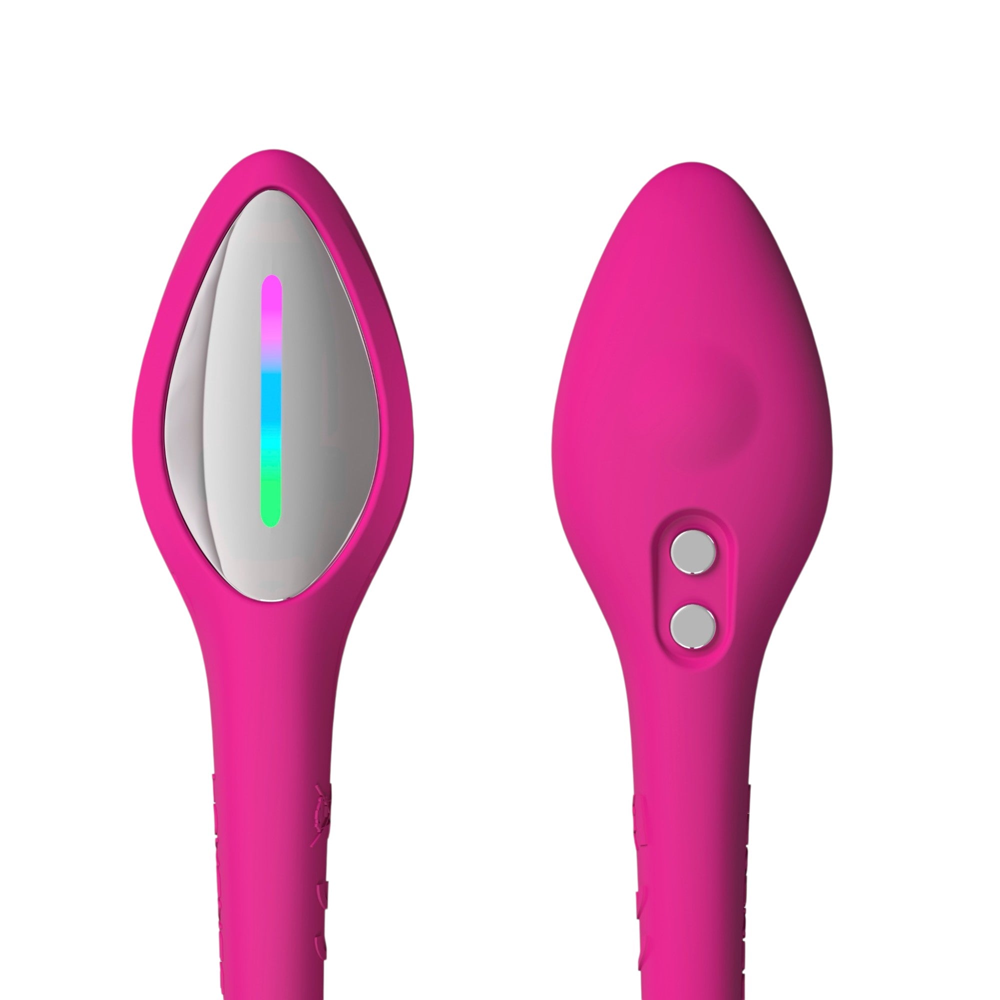 Lovense Lush 4 app-controlled vibrating egg in hot pink shown close up from front and back displaying silver control panel with multicolour LED light strip, dual control buttons on back, and smooth silicone finish against white background