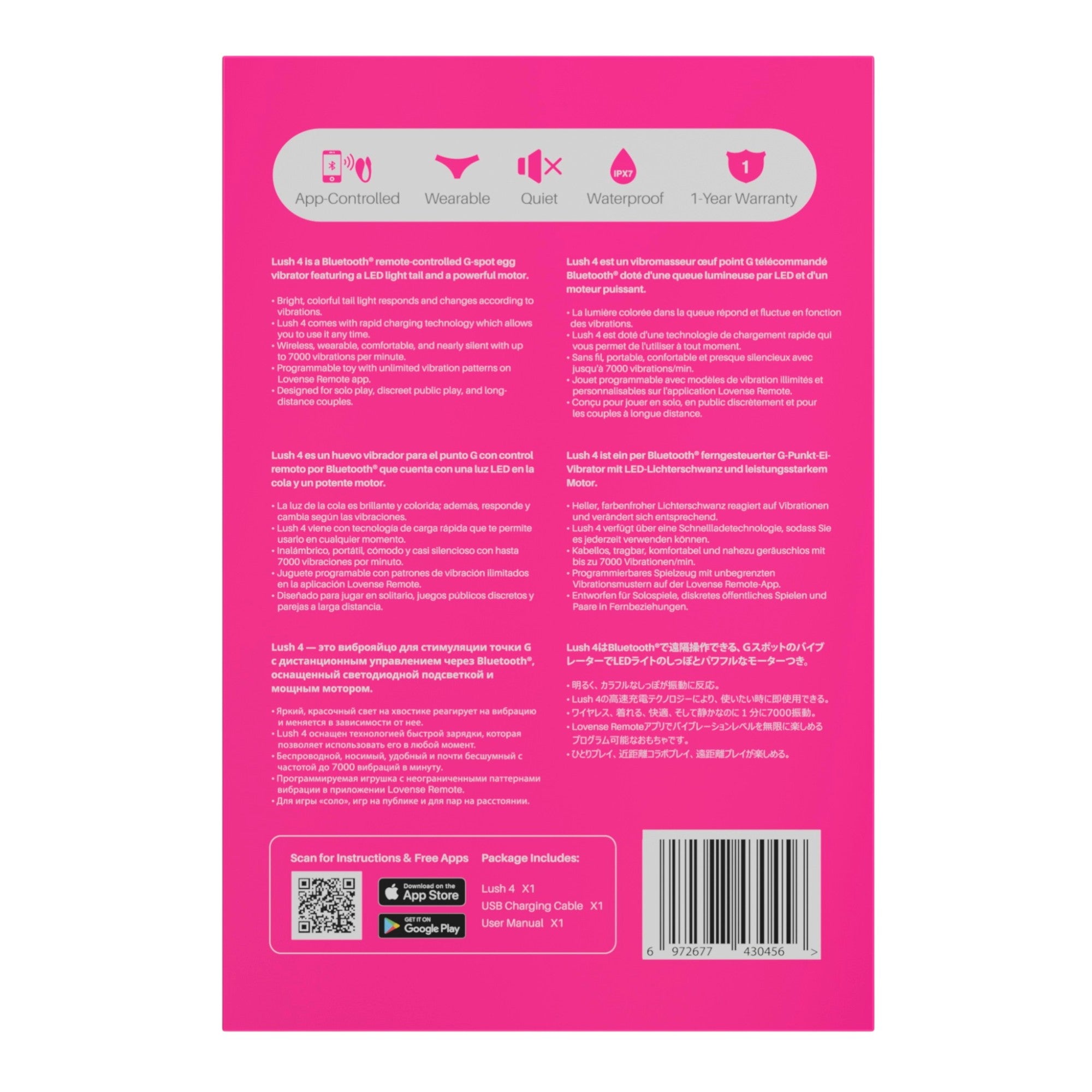 Lovense Lush 4 app-controlled vibrating egg packaging box back shown displaying feature icons for app-controlled, wearable, quiet, waterproof, and 1-year warranty, multilingual product descriptions, QR code for instructions and free apps, App Store and Google Play logos, package contents listing, and barcode against hot pink background