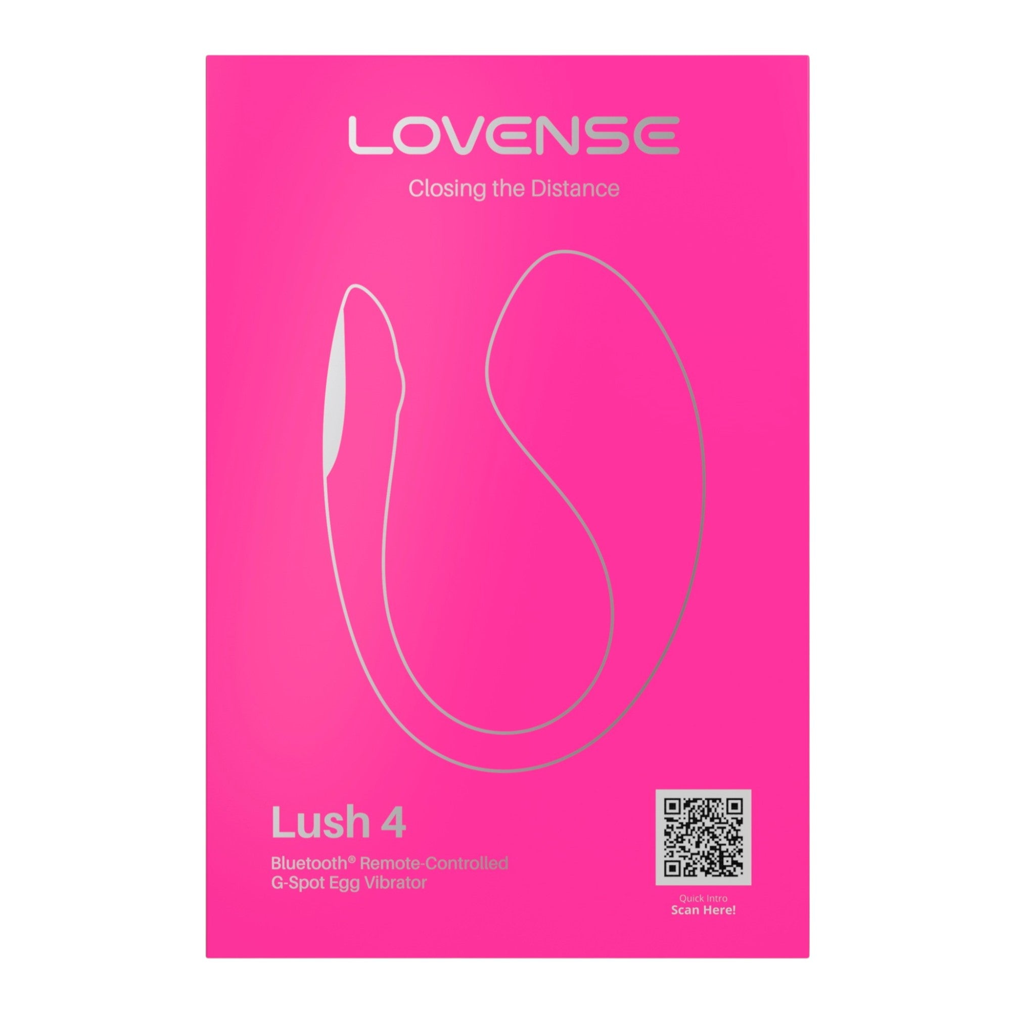 Lovense Lush 4 app-controlled vibrating egg packaging box front shown displaying Lovense branding, 'Closing the Distance' tagline, 'Lush 4' label, 'Bluetooth Remote-Controlled G-Spot Egg Vibrator' text, product outline illustration, QR code with 'Scan Here' text, and hot pink packaging design against white background