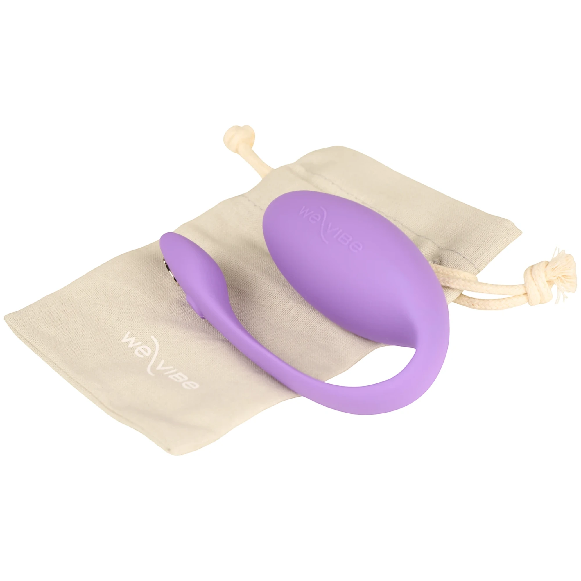 We-Vibe Jive Lite purple wearable love egg vibrator with cream cotton storage pouch against white background