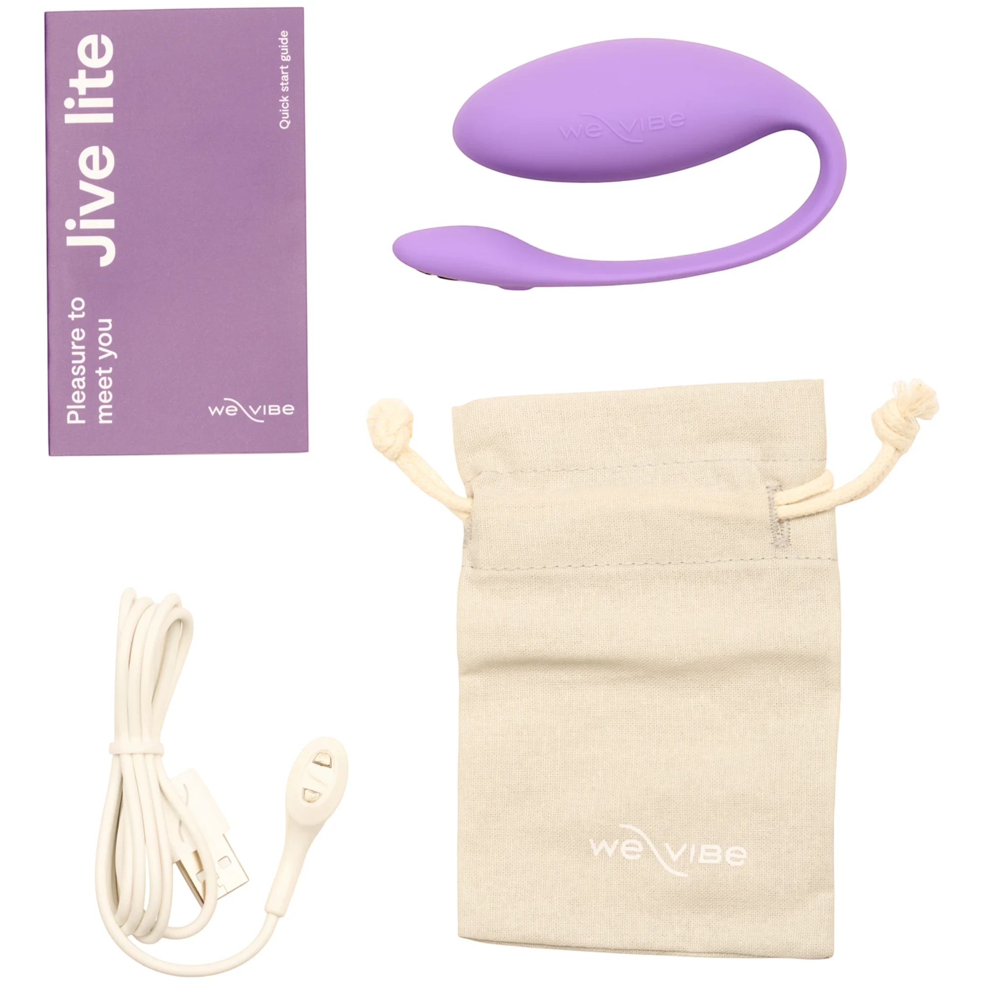 We-Vibe Jive Lite unboxed showing quick start guide, purple wearable love egg vibrator, white wireless remote, USB charging cable, and cream cotton storage pouch against white background