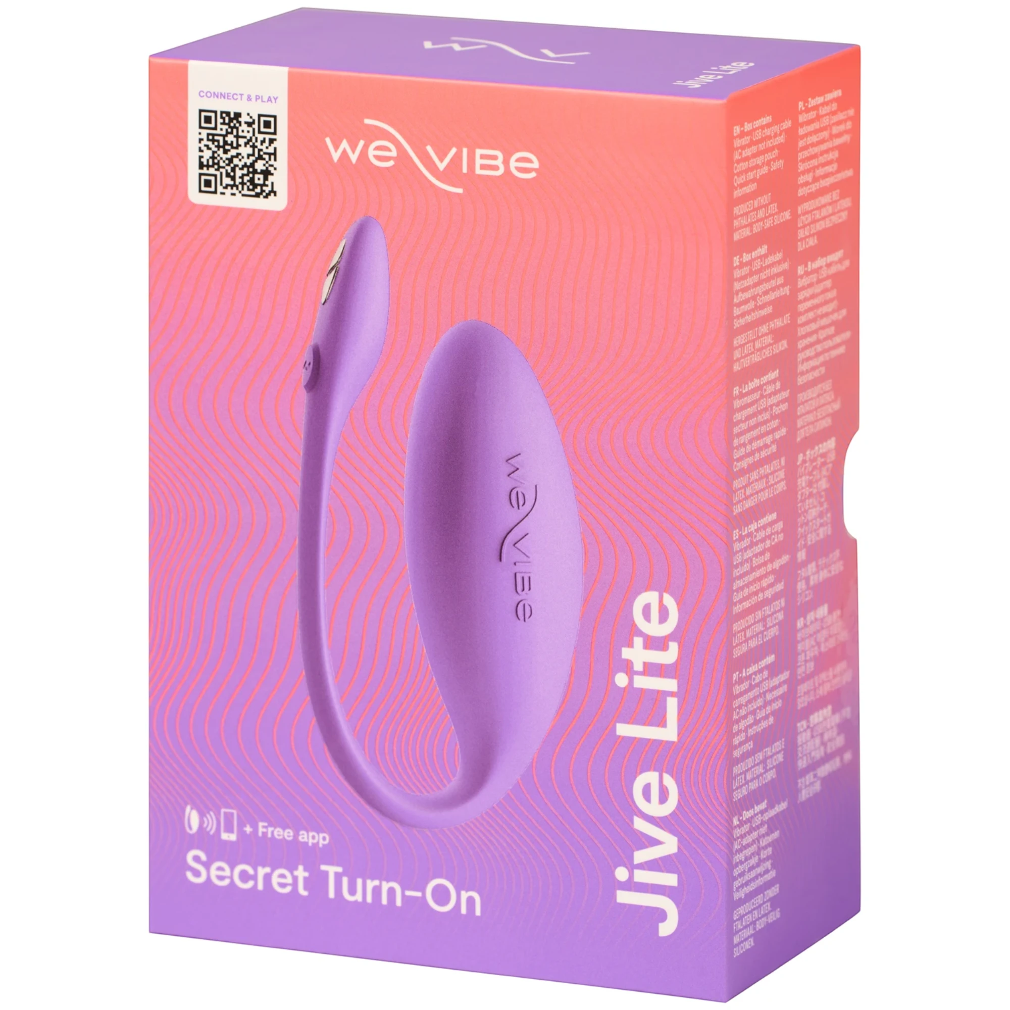 We-Vibe Jive Lite packaging box in purple and coral with product image, QR code, and "Secret Turn-On" tagline against white background