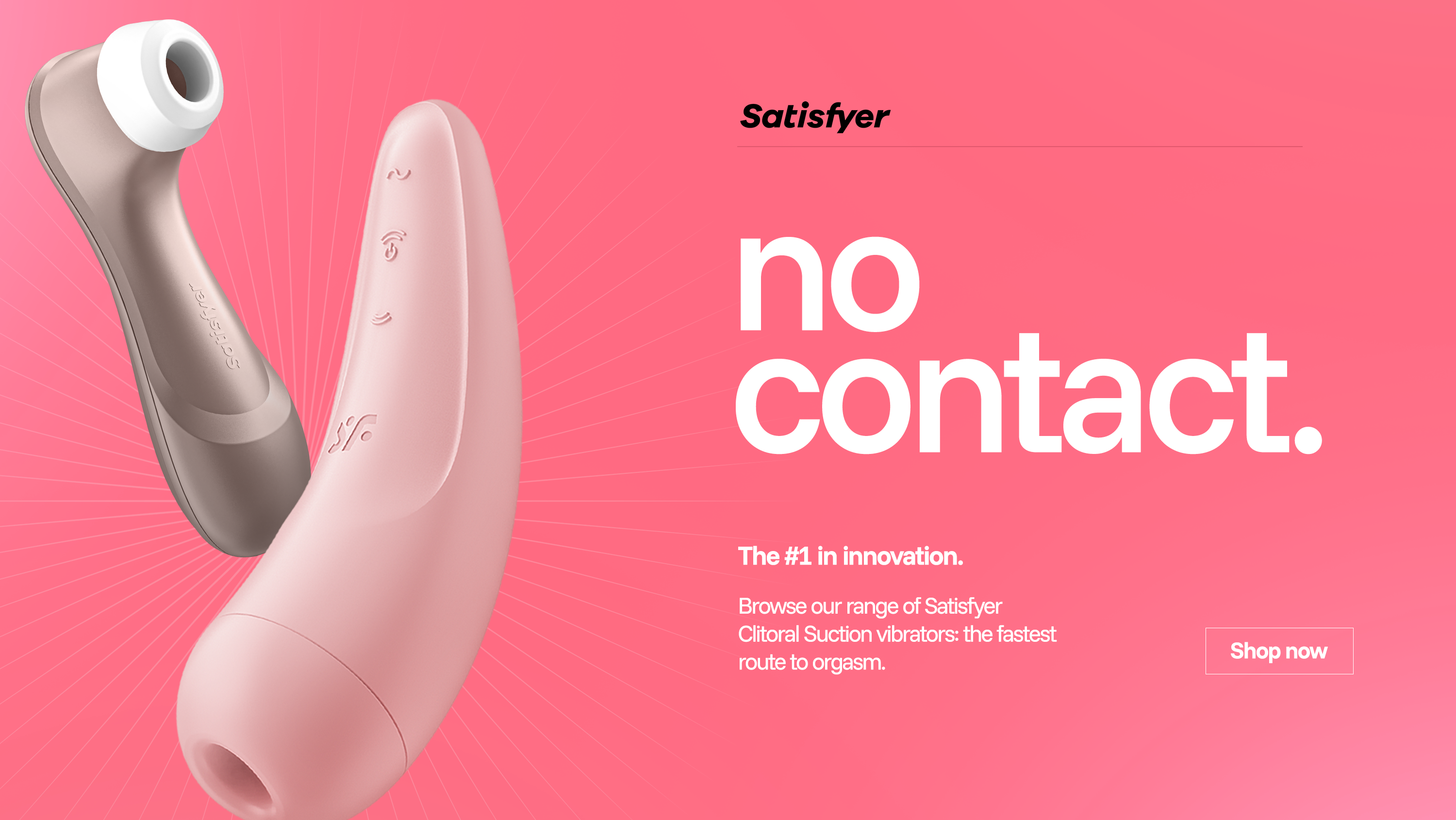 Satisfyer promotional graphic showing a pink and a beige personal massager against a pink background with the text 'no contact.' and 'Satisfyer'.