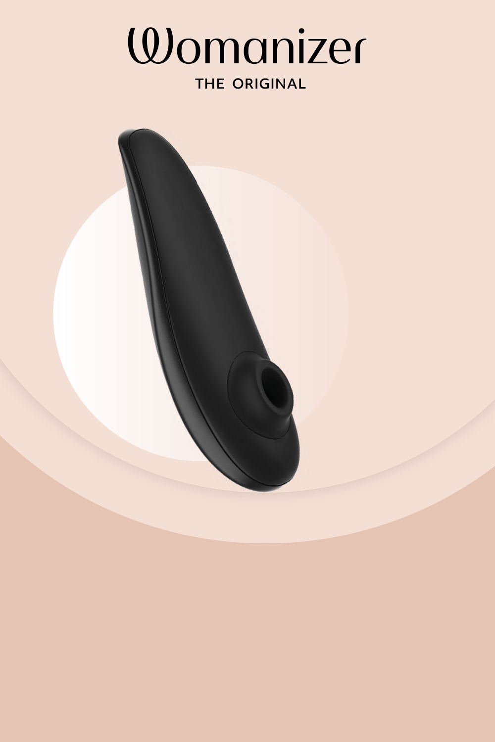 Womanizer Classic 2 clitoral suction vibrator in matte black silicone with a curved ergonomic handle and a rounded suction cup opening at the tip, positioned diagonally against a soft beige and cream gradient background with layered circular shapes; the Womanizer logo in serif typeface with a parenthesis accent is displayed at the top, with the text 'THE ORIGINAL' in small caps beneath it