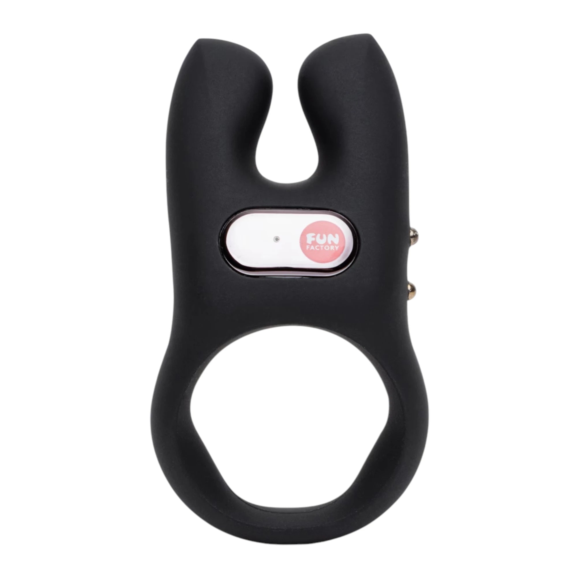 Fun Factory NOS Classic vibrating cock ring in black silicone shown from front displaying dual stimulation arms, control panel with FUN branding, and flexible ring shape against white background