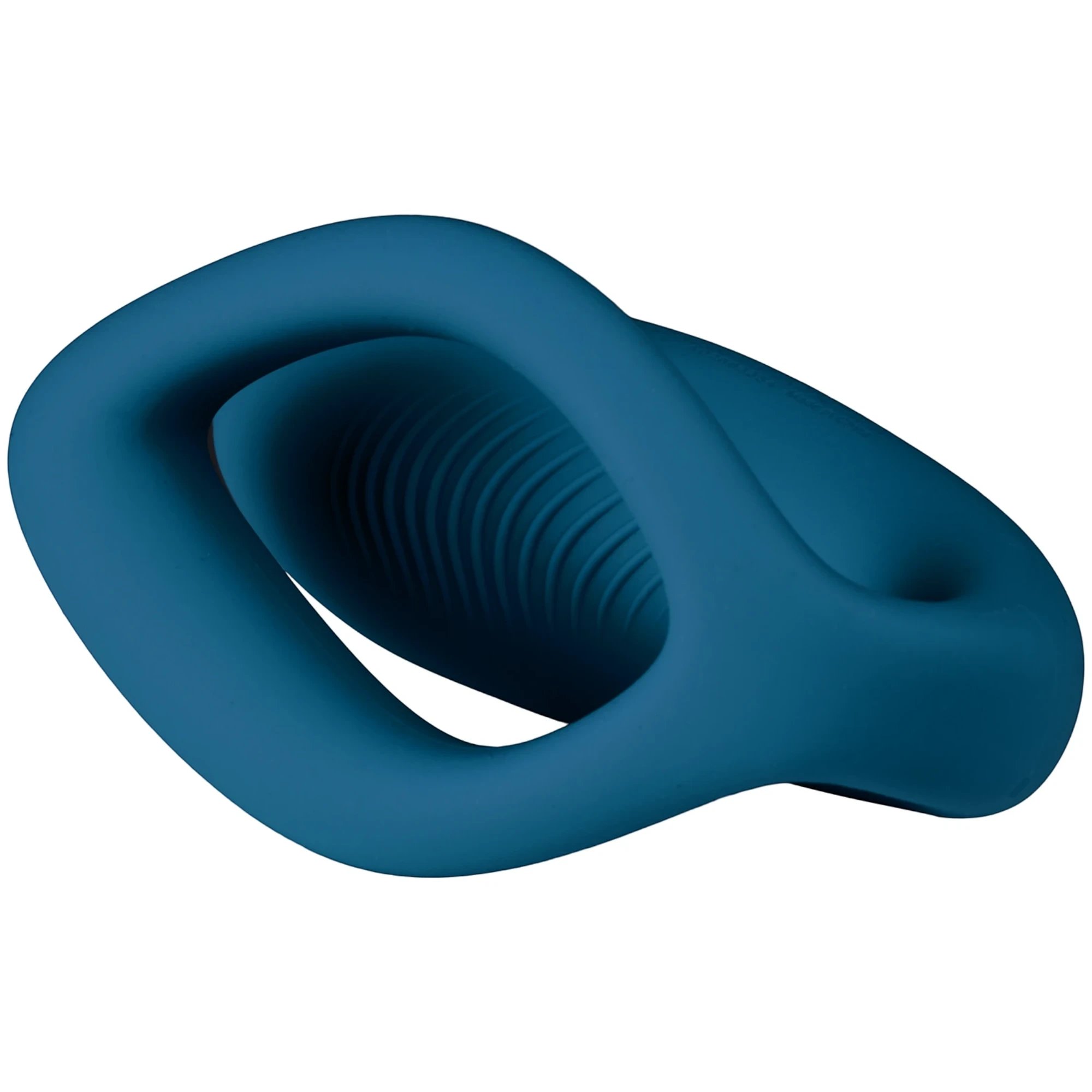 We-Vibe Sync O teal couples vibrator shown from side view displaying internal texture against white background