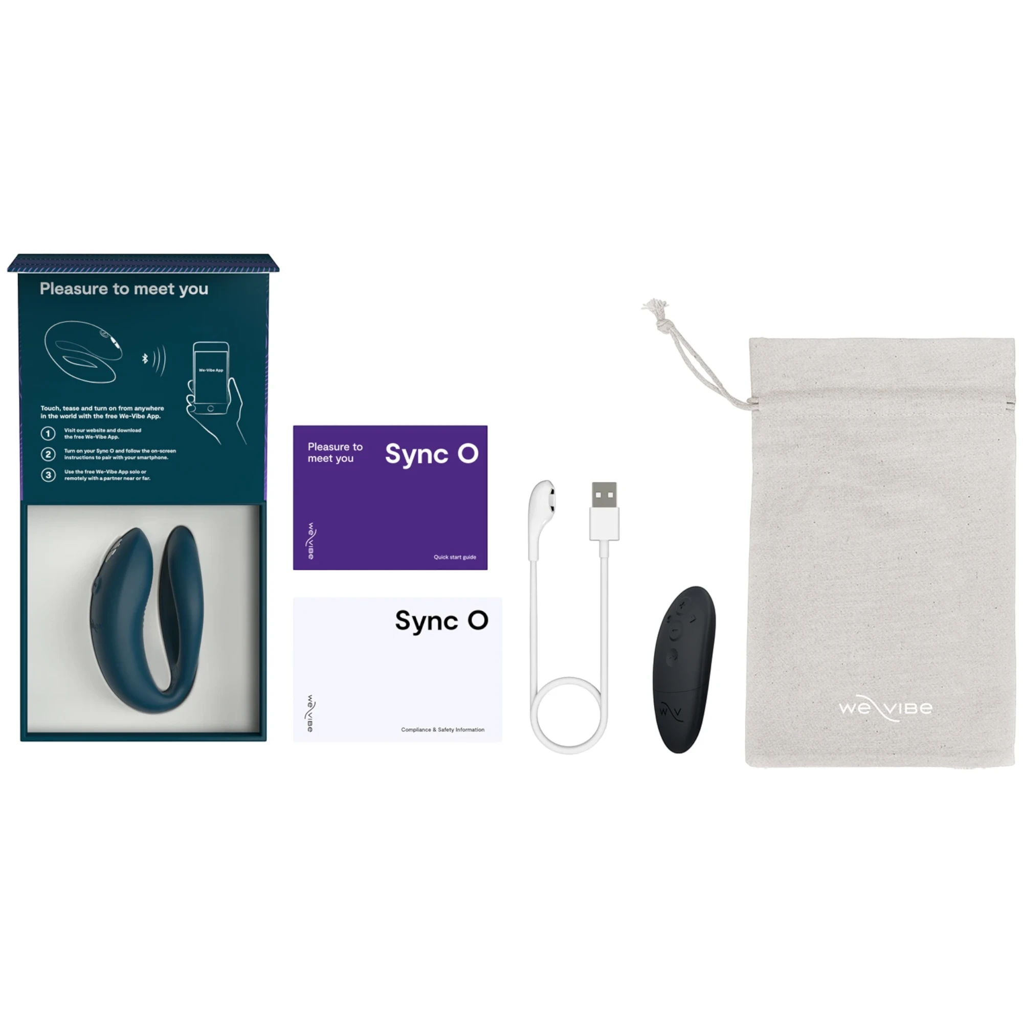 We-Vibe Sync O unboxed showing packaging, instruction booklets, navy couples vibrator, black wireless remote, USB charging cable, and storage pouch against white background