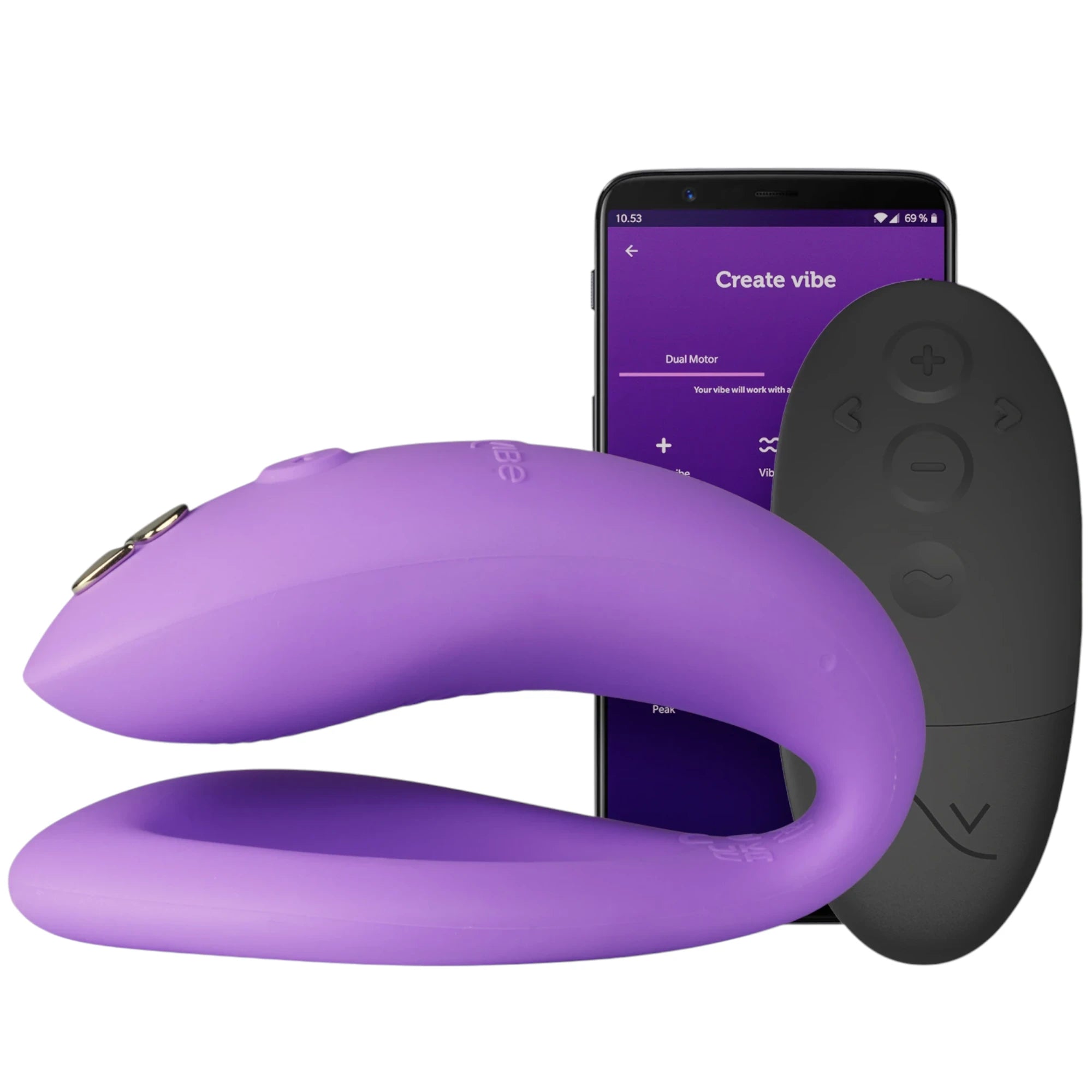 We-Vibe Sync O purple couples vibrator with wireless remote and smartphone app screen against white background