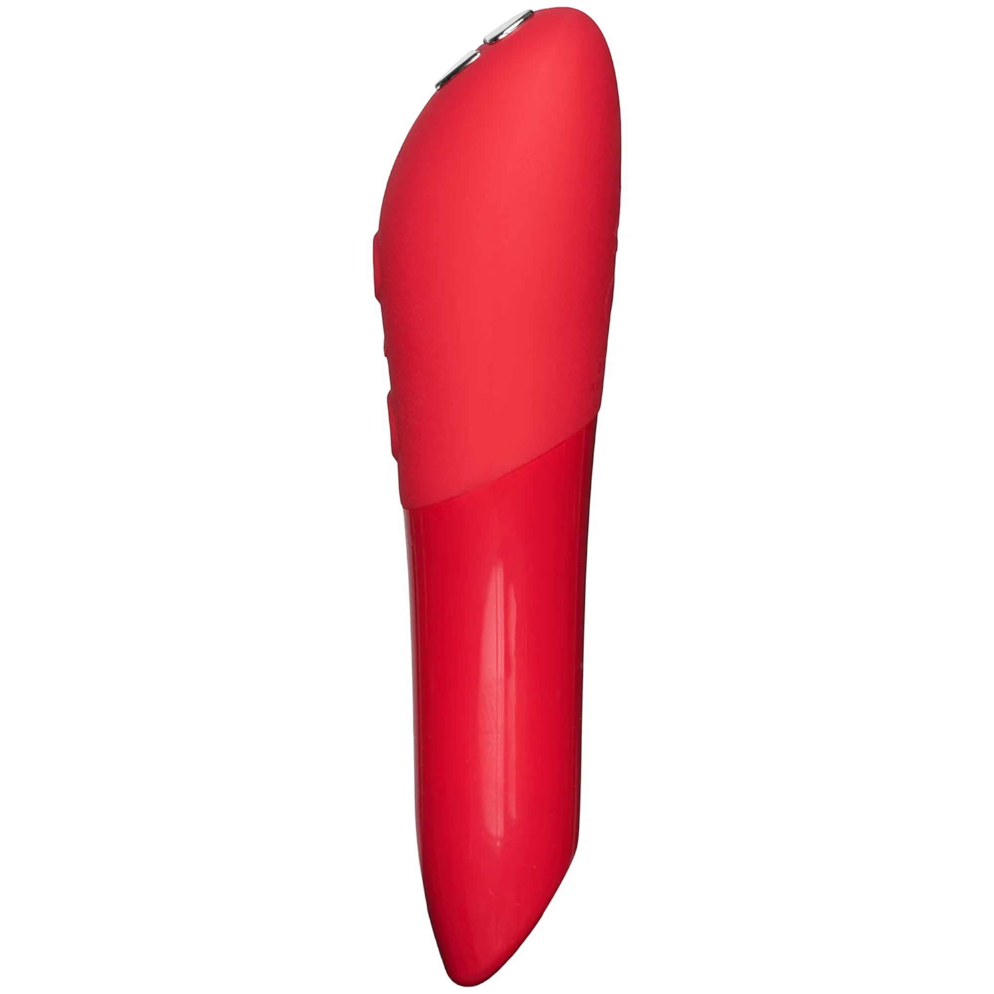 We-Vibe Tango X red lipstick bullet vibrator shown from side profile against white background