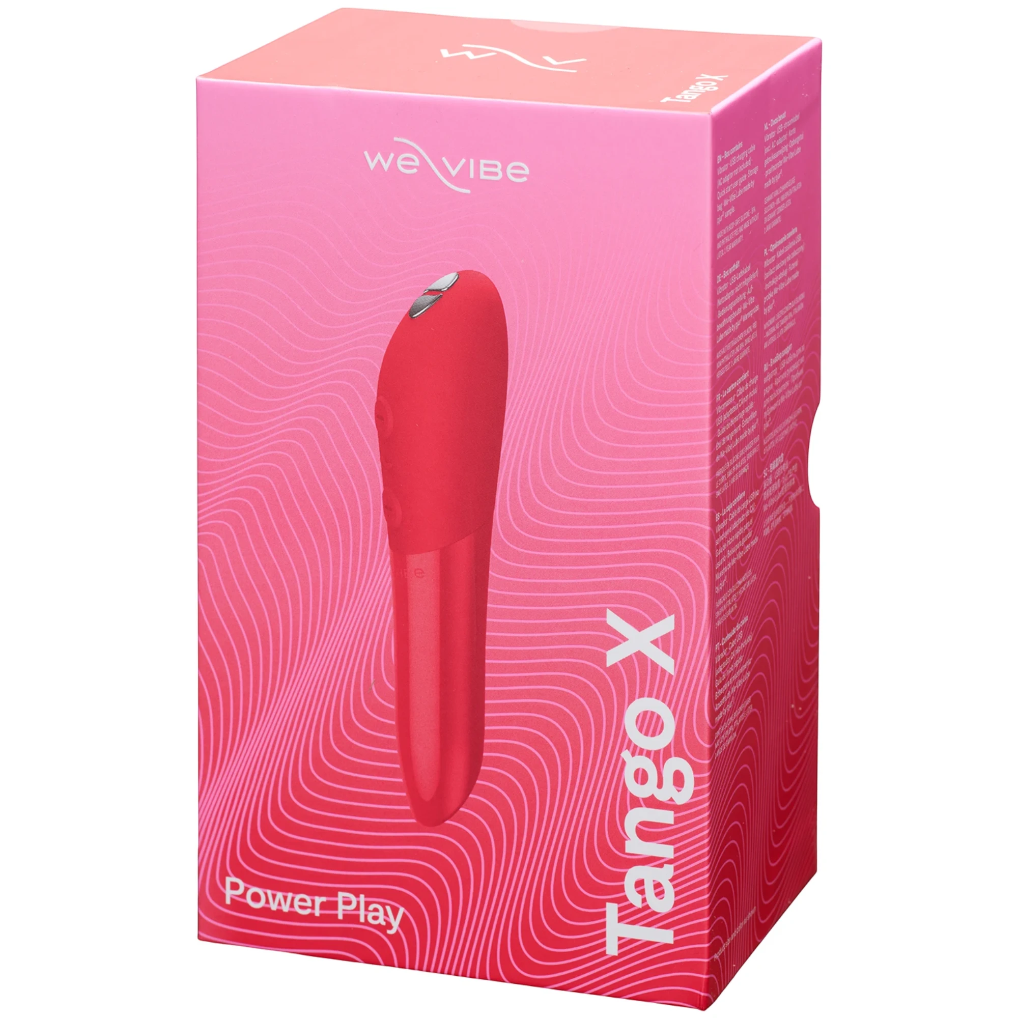 We-Vibe Tango X packaging box in pink and red with product image and "Power Play" tagline against white background