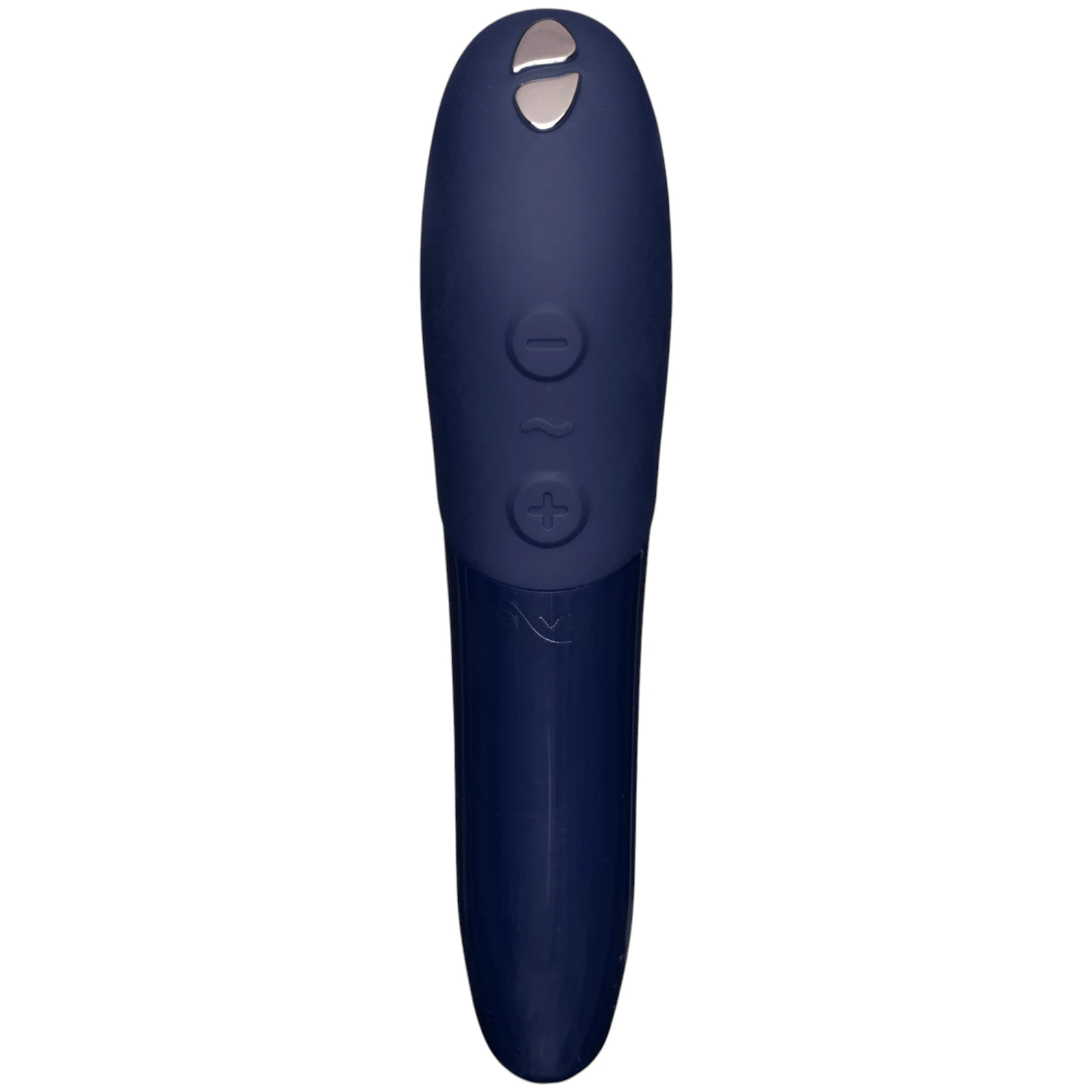 We-Vibe Tango X navy blue lipstick bullet vibrator showing control buttons against white background