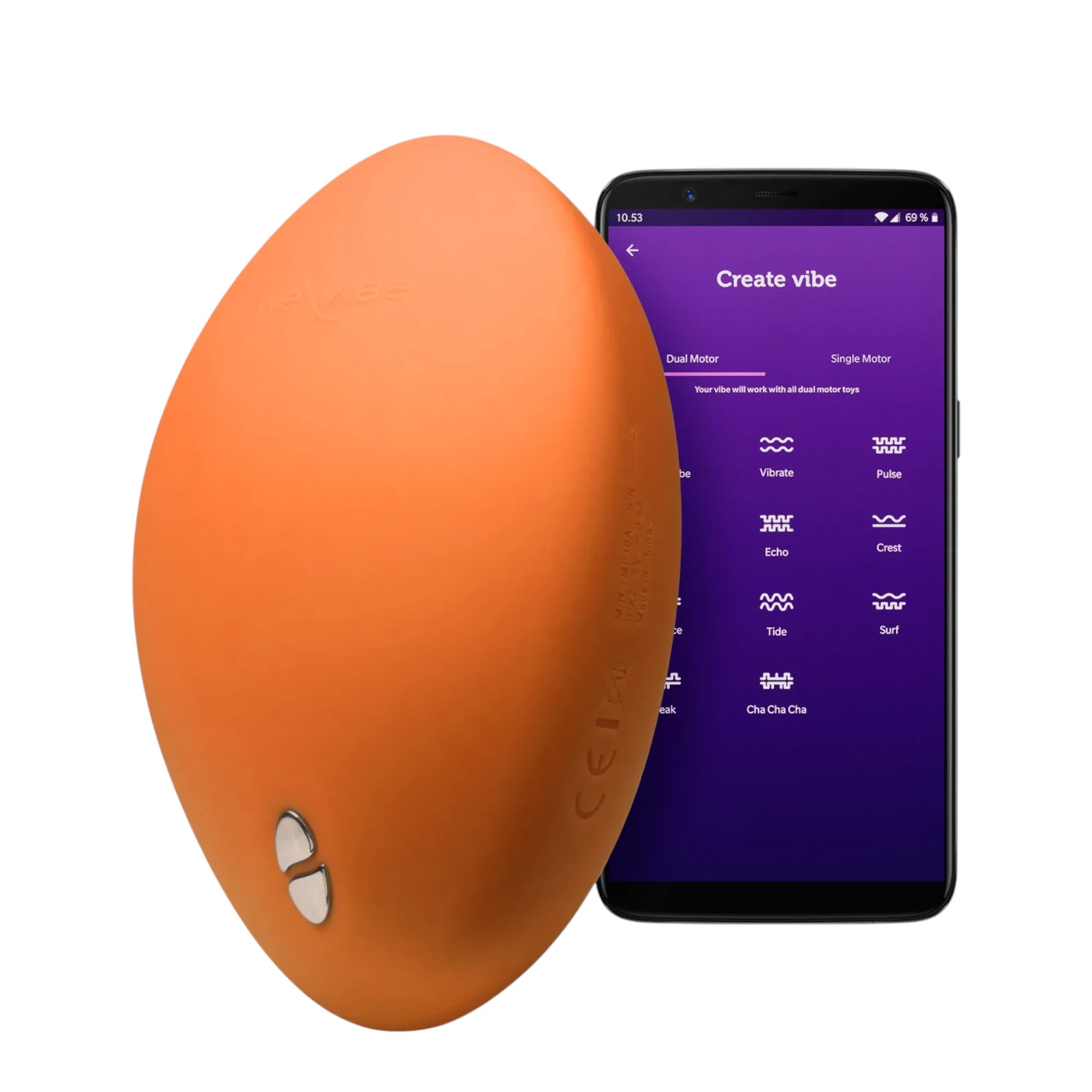 We-Vibe Hot+Cold clitoral vibrator in terracotta orange shown from front displaying oval body, dual motor control buttons, smooth silicone finish, displayed alongside smartphone showing 'Create vibe' app interface with vibration pattern options against white background