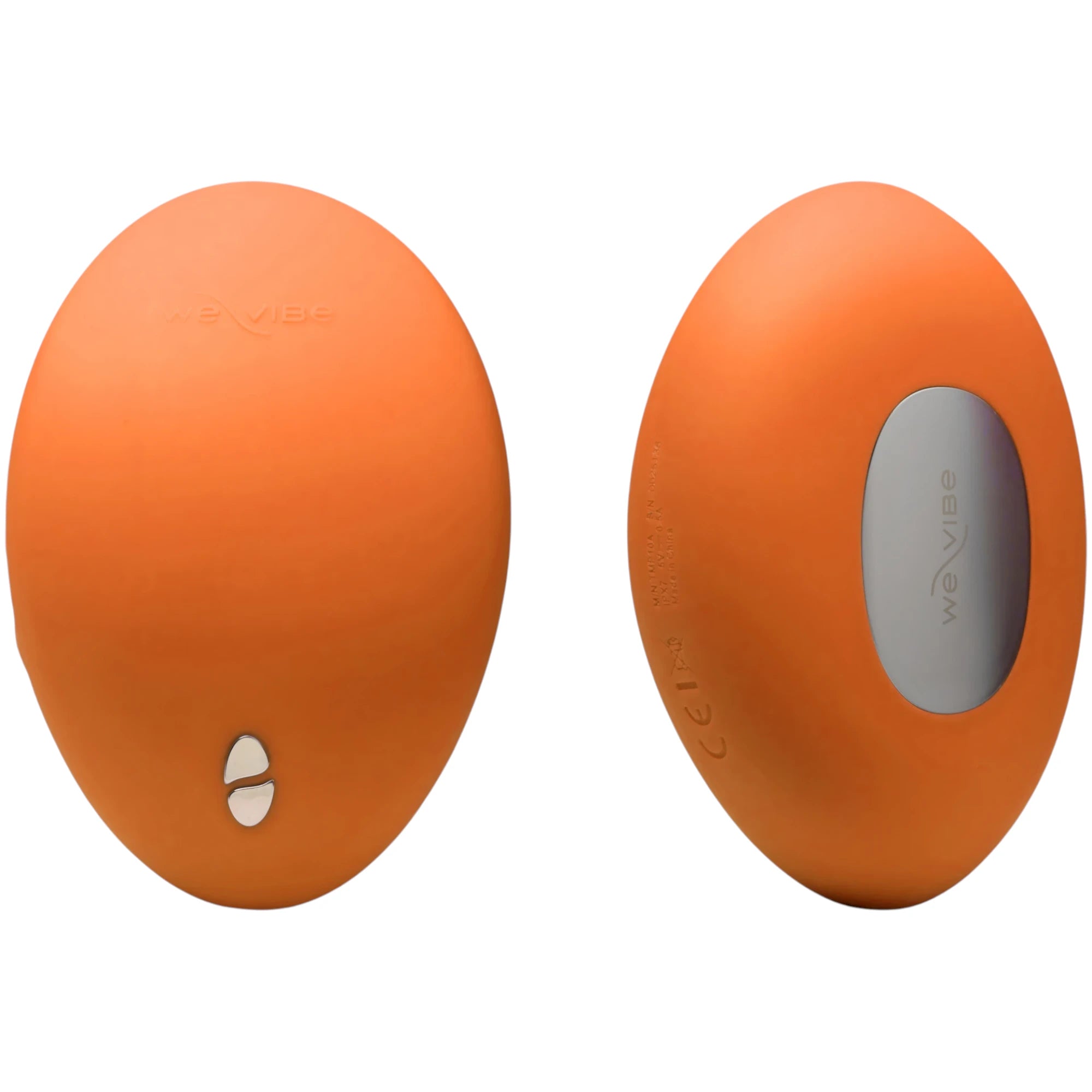 We-Vibe Hot+Cold clitoral vibrator in terracotta orange shown from front and back displaying oval body, dual motor control buttons on front, We-Vibe branding window on back, and smooth silicone finish against white background