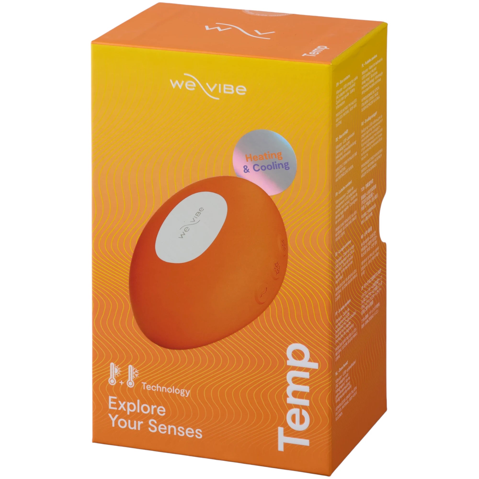 We-Vibe Hot+Cold clitoral vibrator packaging box shown from front displaying product image in terracotta orange, 'Heating & Cooling' badge, We-Vibe branding, 'Temp' label, 'Explore Your Senses' tagline, 'Bluetooth Technology' icon, yellow and orange gradient design, and product window against white background
