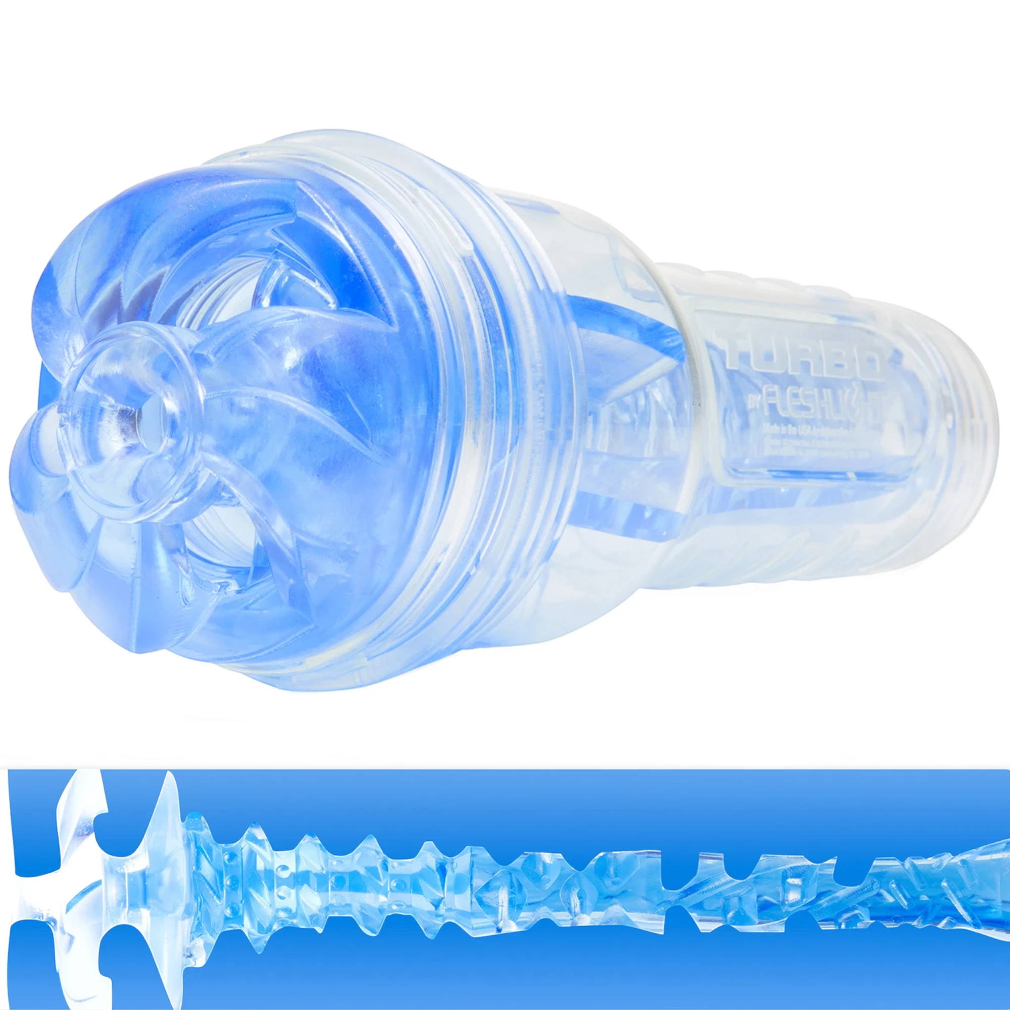 Fleshlight Turbo Thrust blow job masturbator shown with clear casing displaying blue TPE interior texture pattern, transparent cylindrical body, ribbed casing, and detailed interior ridges against white background