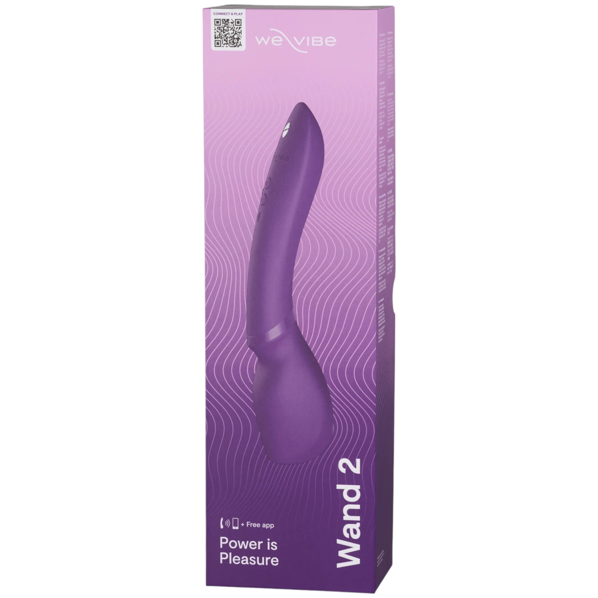 We-Vibe Wand 2 packaging box in purple with product image, QR code, and "Power is Pleasure" tagline against white background
