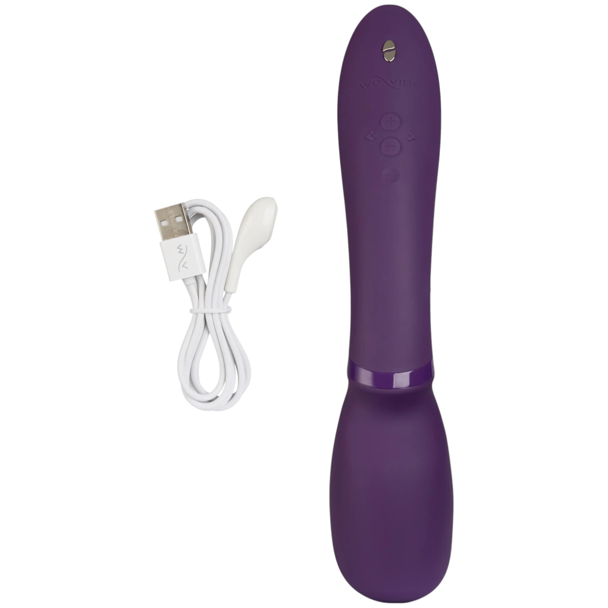 We-Vibe Wand 2 deep purple wand massager with USB charging cable against white background