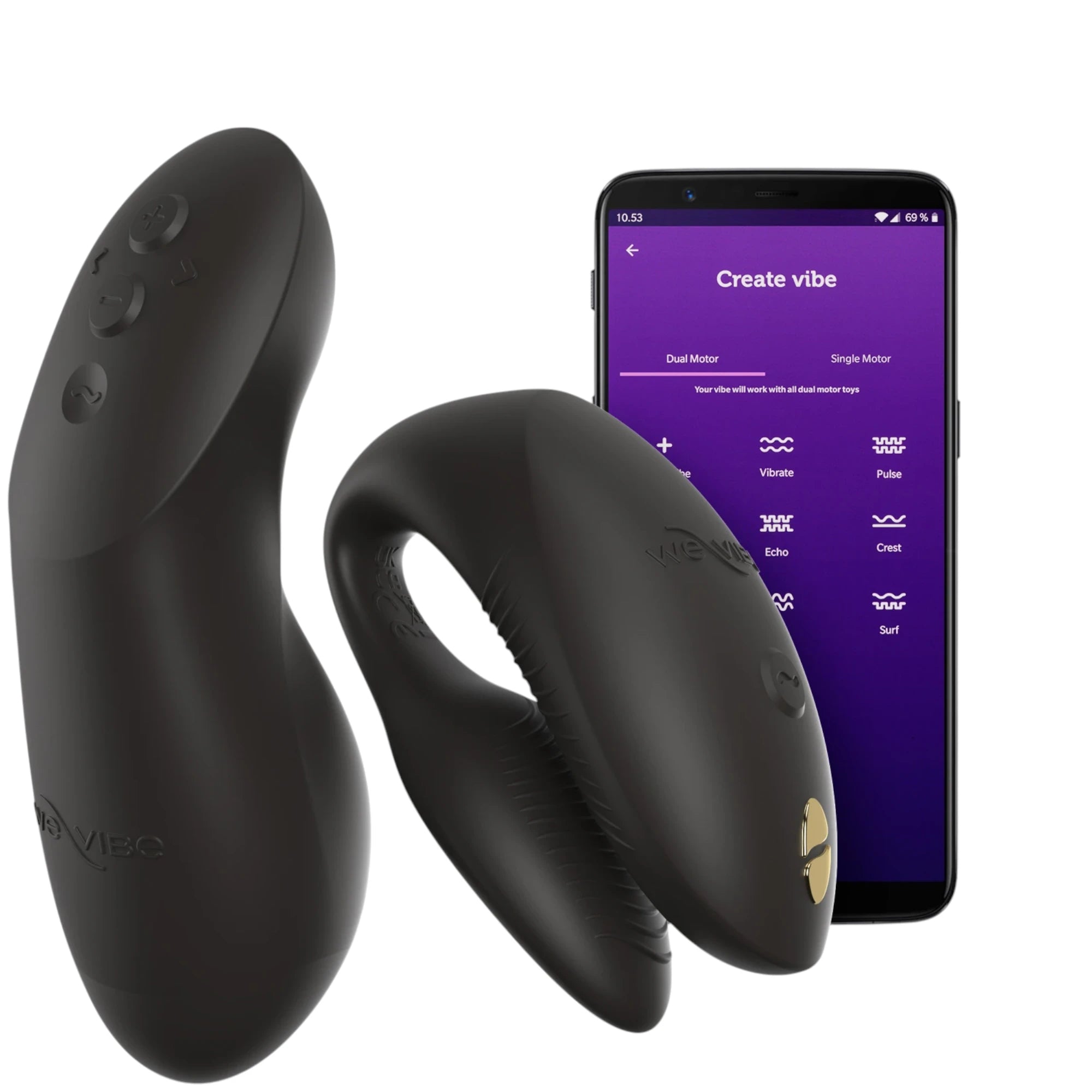 We-Vibe Chorus Pro couple vibrator in black shown from front displaying dual curved bodies with external stimulator arm, control buttons, We-Vibe branding, and smooth silicone finish, displayed alongside smartphone showing We-Vibe app interface with 'Create vibe' program and vibration pattern options against white background