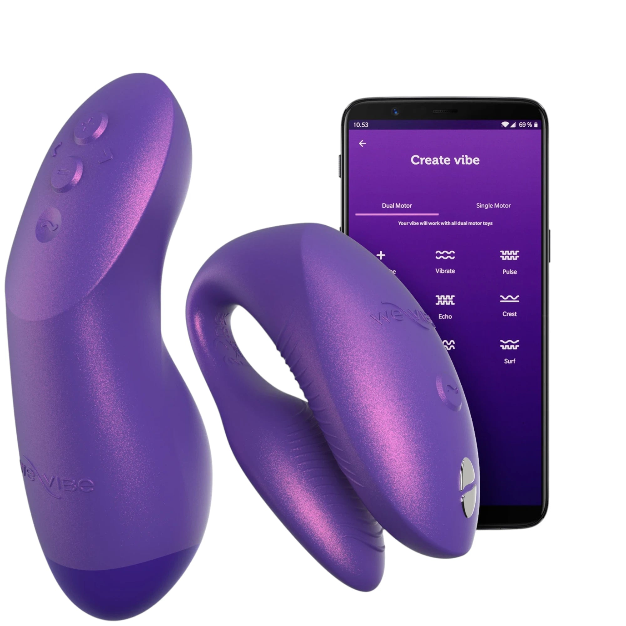 We-Vibe Chorus Pro couple vibrator in deep purple shown from front displaying dual curved bodies with external stimulator arm, control buttons, We-Vibe branding, and smooth silicone finish, displayed alongside smartphone showing We-Vibe app interface with 'Create vibe' program and vibration pattern options against white background