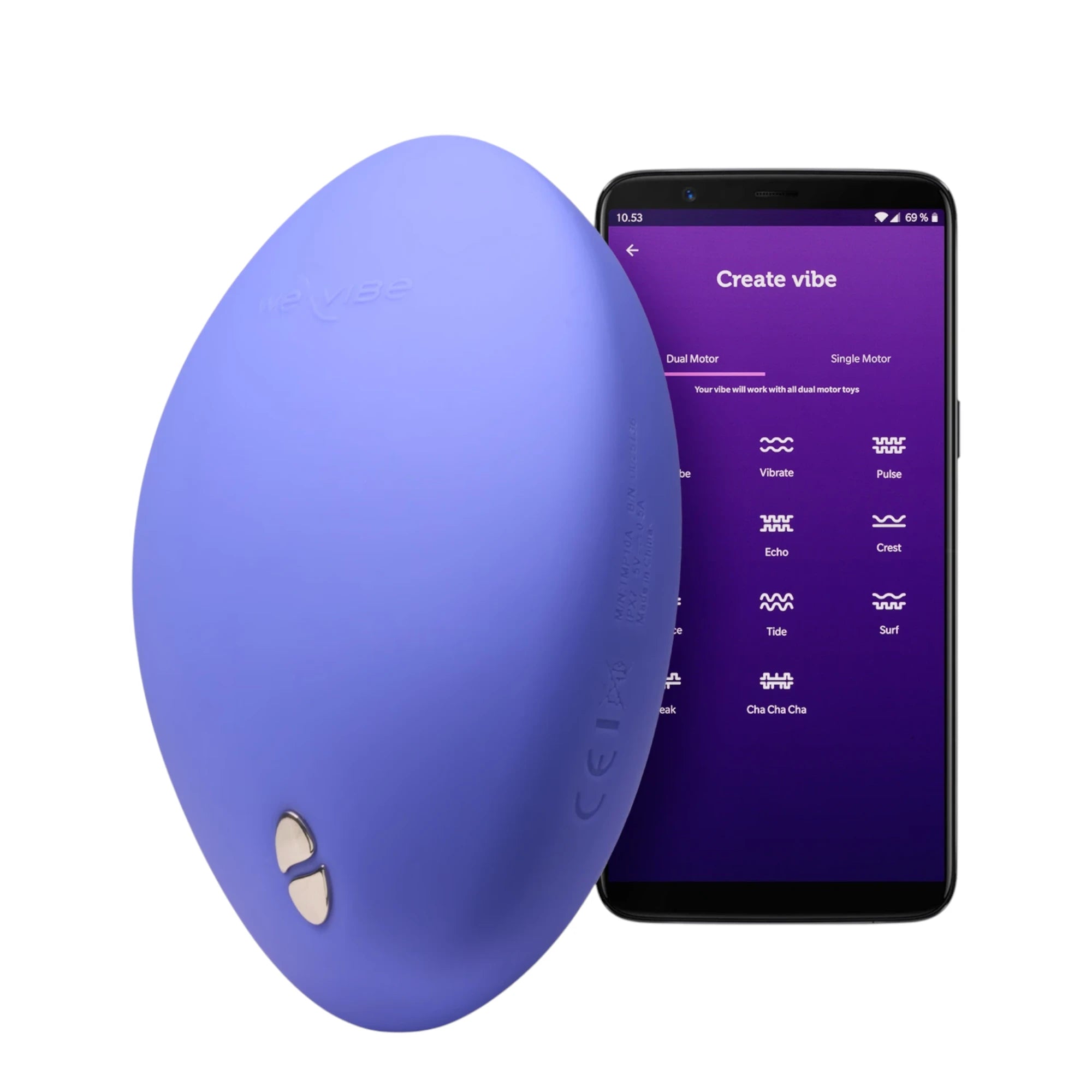 We-Vibe Hot+Cold clitoral vibrator in purple shown from front displaying oval body, dual motor control buttons, smooth silicone finish, displayed alongside smartphone showing 'Create vibe' app interface with vibration pattern options against white background