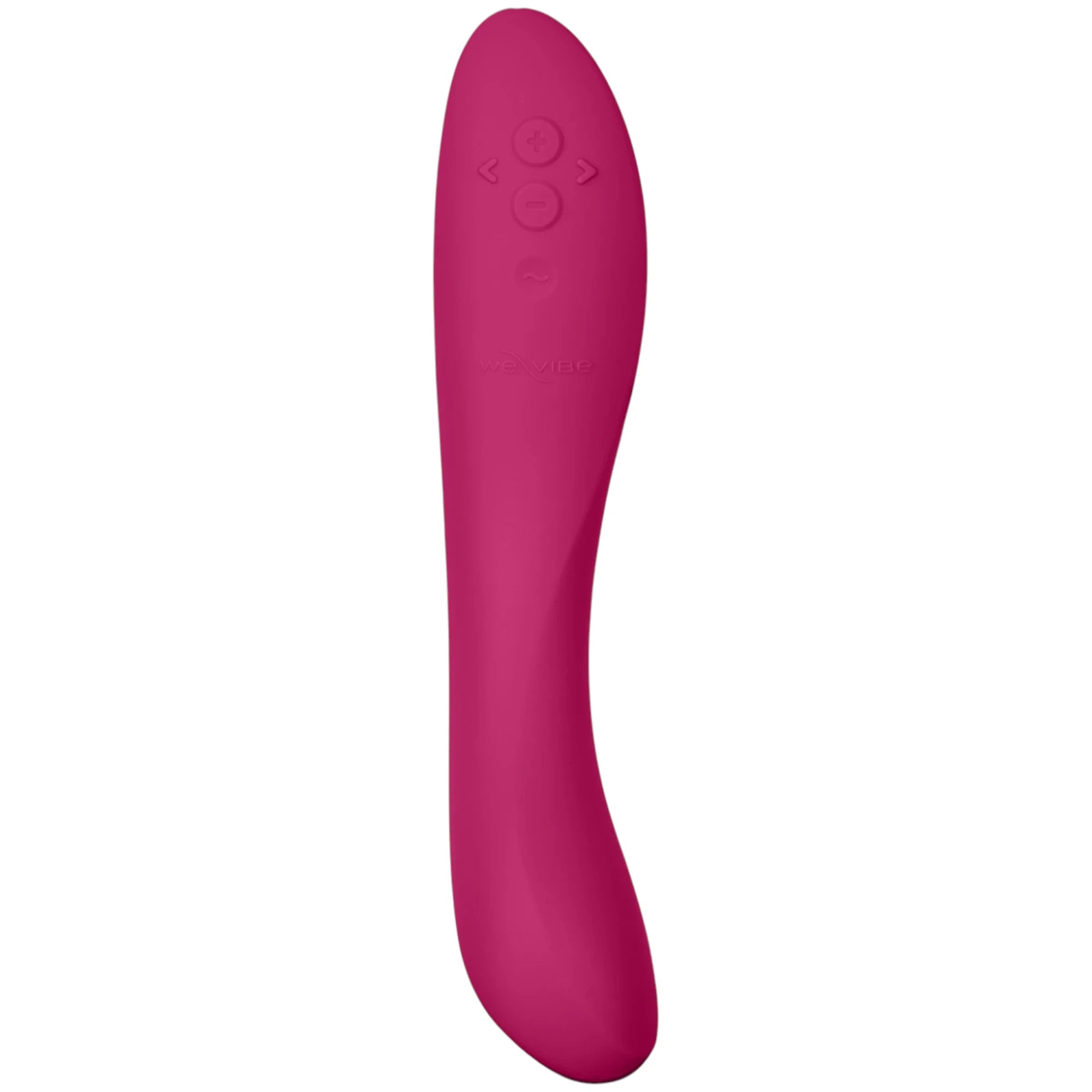 We-Vibe Rave 2 G-spot vibrator in magenta shown from front displaying curved tapered body, control buttons near top, We-Vibe branding, and smooth silicone finish against white background
