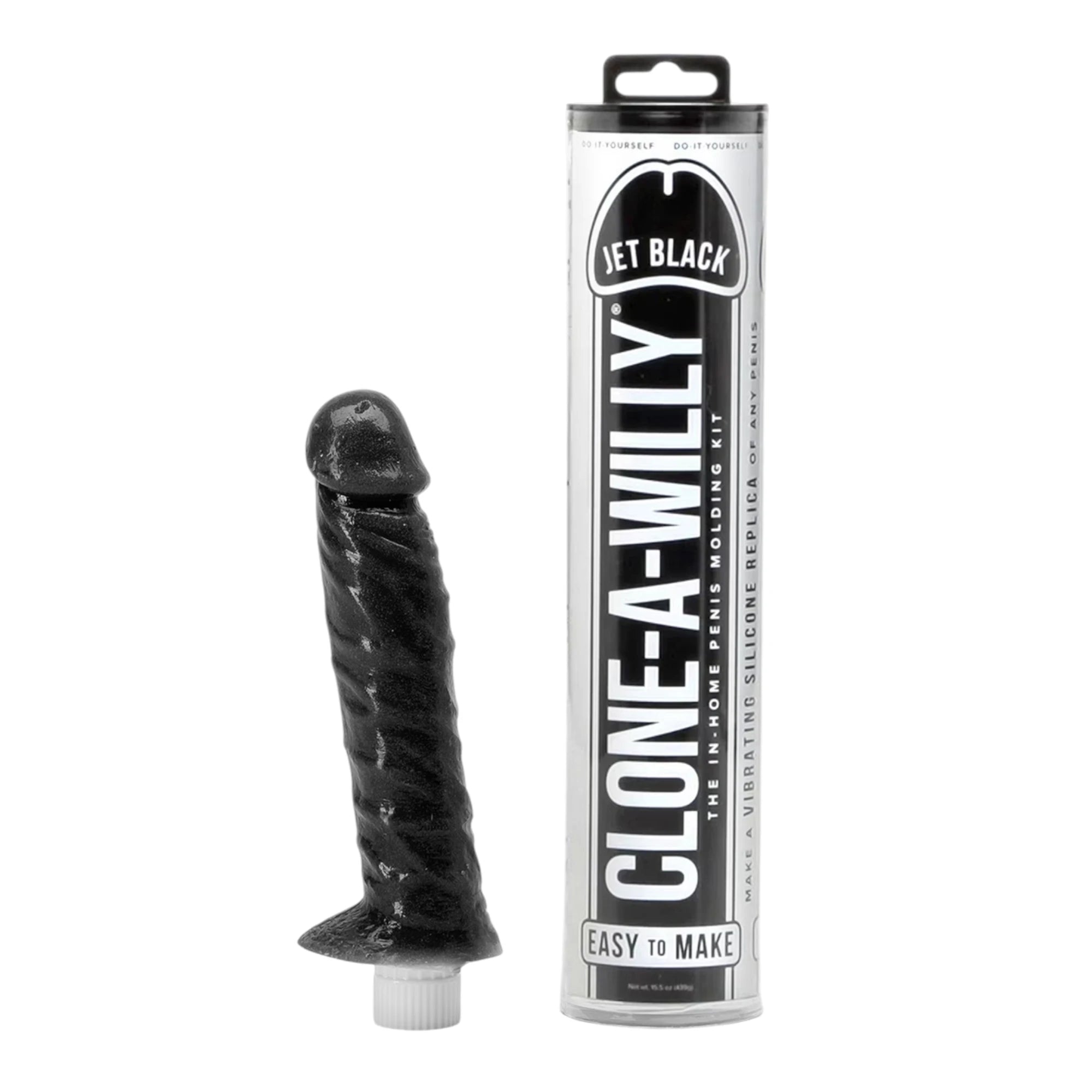 Clone-A-Willy penis moulding kit in jet black displayed with finished black silicone dildo replica and packaging box with 'Easy To Make' label against white background